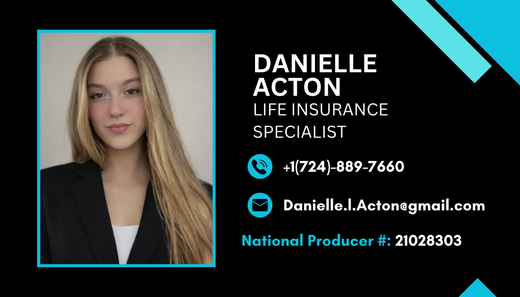 Danielle Acton's business card with portrait and contact information