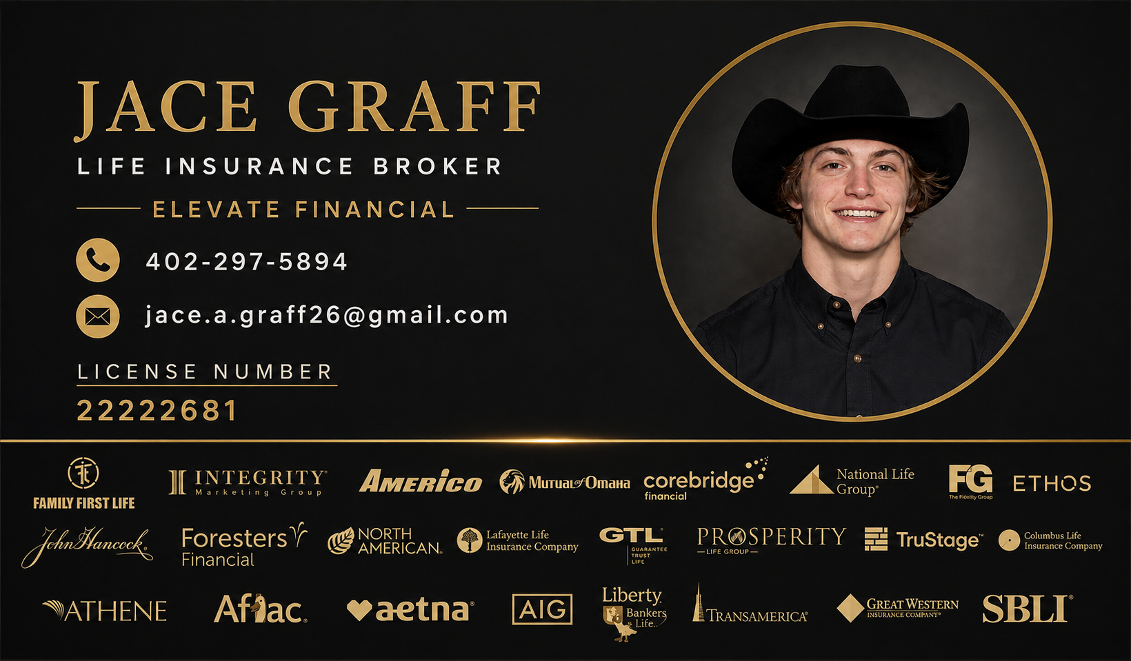 Jace Graff's business card with portrait, contact information, and listed industry brands